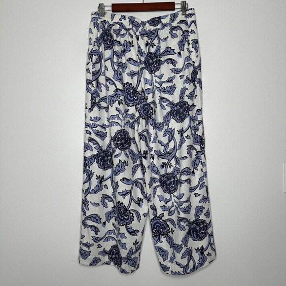 Joie Wide Leg Cropped Floral Pants Size 10 Pockets Linen Blend Blue White - Picture 5 of 10
